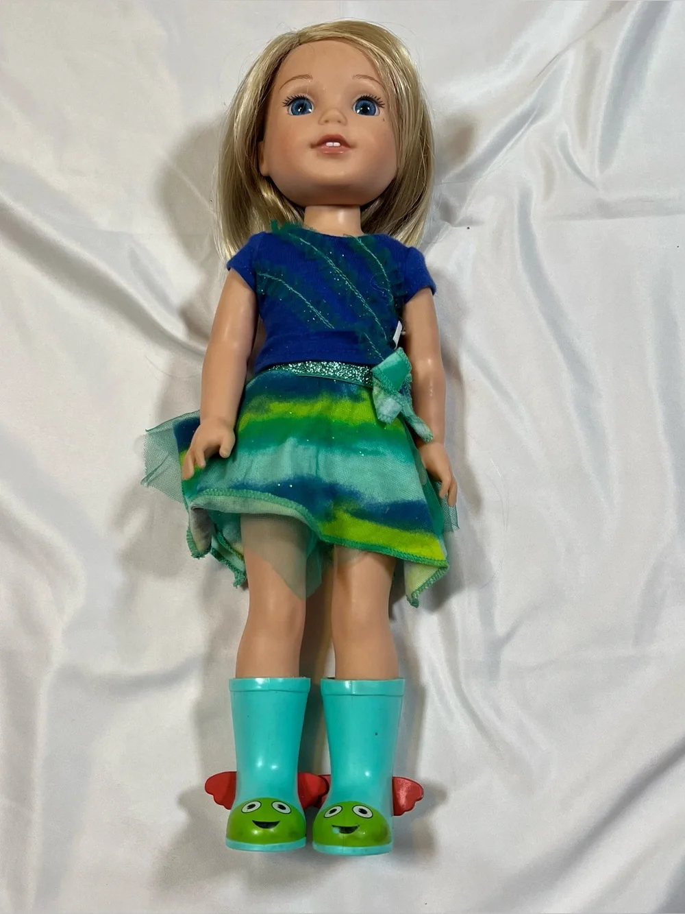 American Girl Wellie Wishers CAMILLE Doll 14.5” Blonde Hair Blue Eyes Rain Boots